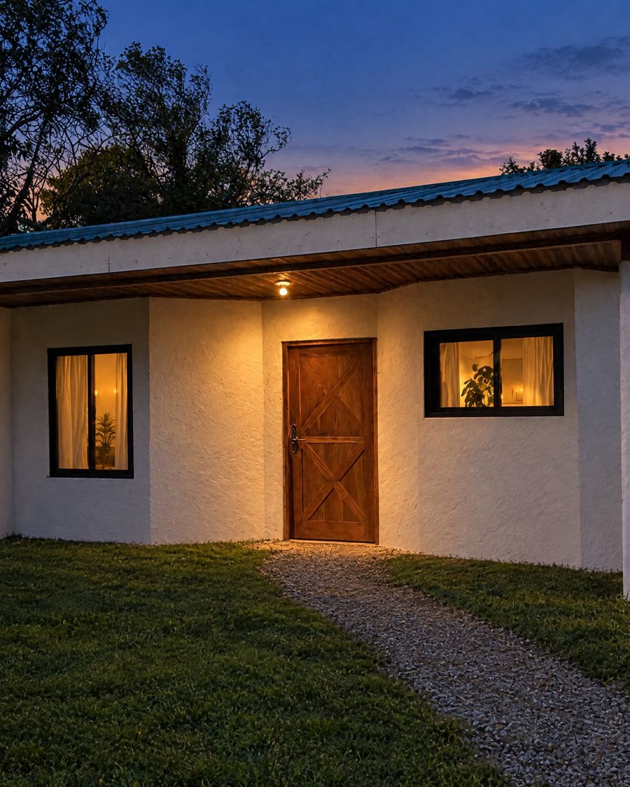 The same house ready for the ad: blue hour, lights on, lawn and a clean finish